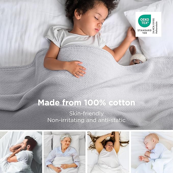 Bedsure GentleSoft 100% Cotton Blanket Queen Size for Bed - Breathable and Lightweight, Soft Cozy Textured Herringbone Woven Blanket for Summer, Grey, 90x90 inches