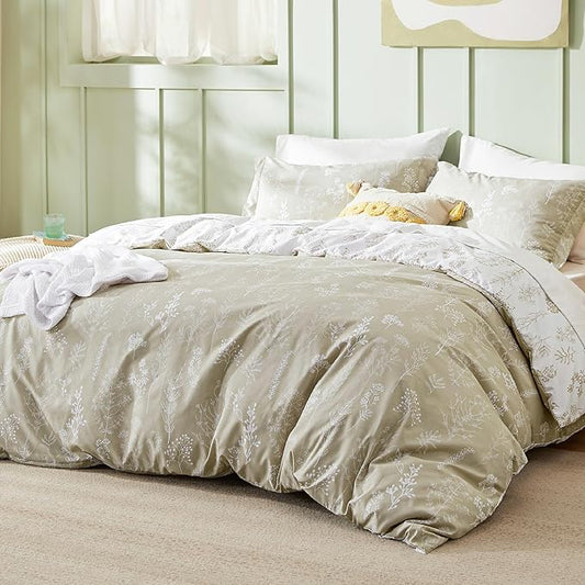 Bedsure Queen Comforter Set - Linen Bed Set, 3 Pieces Cute Floral Bedding, 1 Soft Reversible Botanical Flowers Comforter and 2 Pillow Shams