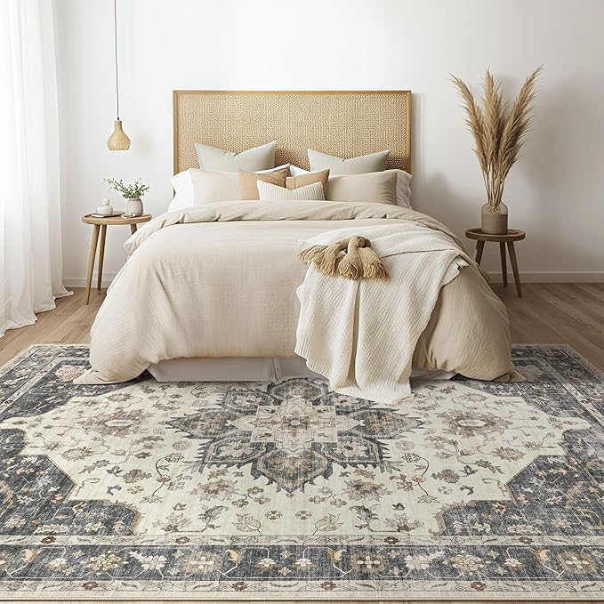 Area Rug for Living Room - 10x12 Soft Washable Oriental Vintage Floral Distressed Large Carpet - Fade Stain Resistant Non Slip Rugs for Bedroom Dining Room Nursery Dorm Office Home Decor - Beige Blue