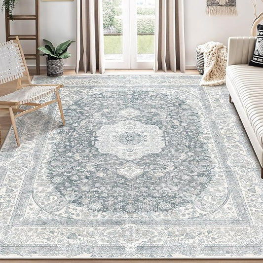 8x10 Area Rugs Washable,Grey Rug for Living Room Bedroom Dining Room,Large Boho Vintage Bohemian Distressed Carpet Non Slip,Floral