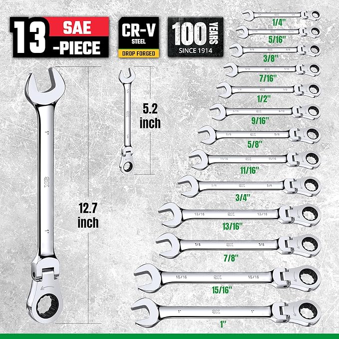 SK Flex-Head Ratcheting Wrench Set, Combination Wrench Set, 13-Piece, SAE 1/4" to 1", 72-Tooth, Premium CR-V Construction, with Rack Organizer