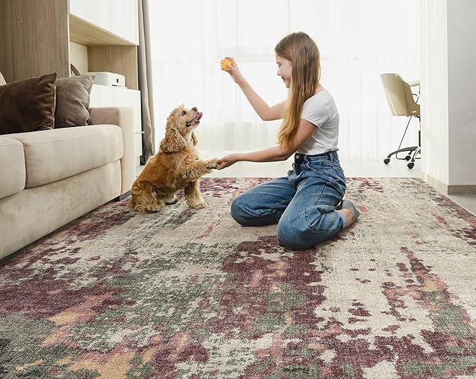5x7 Area Rug Living Room Rugs - Washable Neutral Modern Abstract Soft Thin Rug Indoor Floor No Slip Rug Carpet for Bedroom Under Dining Table Home Office Decor - Purple/Green/Beige