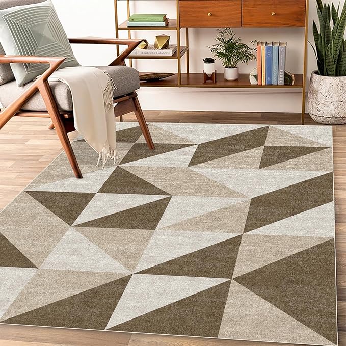 Washable 3x5 Modern Abstract Geometric Brown Area Rugs Non Slip Low Pile Indoor Floor Small Carpet for Living Room Bedroom Dinning Room Kitchen