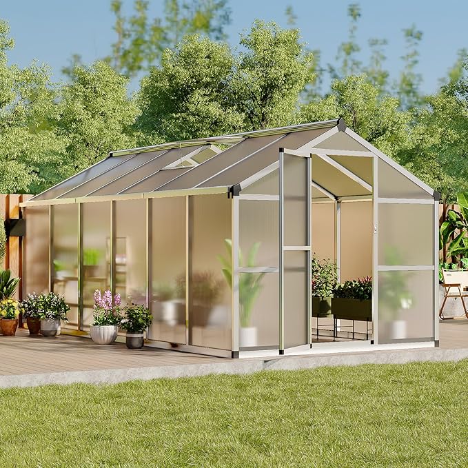 Greenhouse, 8x12 Ft Outdoor Greenhouses, Accessible Green House with Roof Vents and Sliding Doors, Aluminum Frame Polycarbonate Greenhouses, Large Greenhouse for Outdoor Gardens and Backyards, Silver