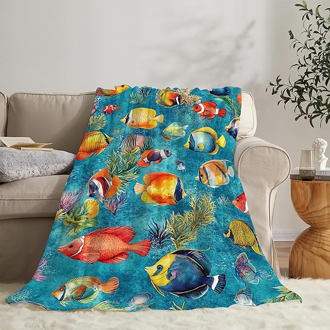 Tropical Fish Blanket Gifts for Girls Boys Soft Warm Plush Sea Ocean Fish Throw Blanket Flannel Fleece Fuzzy Colorful Fishing Blanket for Kids Lover Bed Couch Living Room Decor 60"X50"