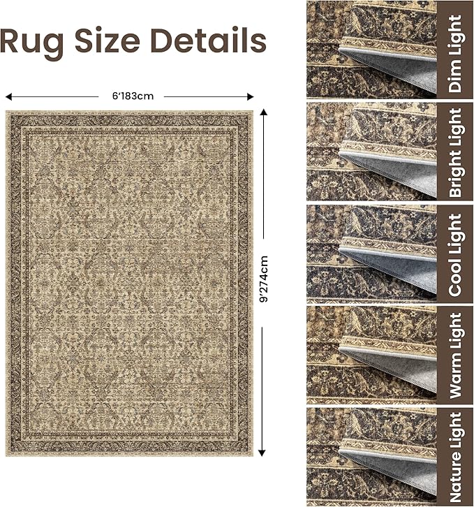 Rugland 6x9 Area Rugs - Stain Resistant Washable Rug, Anti Slip Rugs for Living Room, Vintage Tribal Area Rugs(Vintage01-Brown, 6'x9')