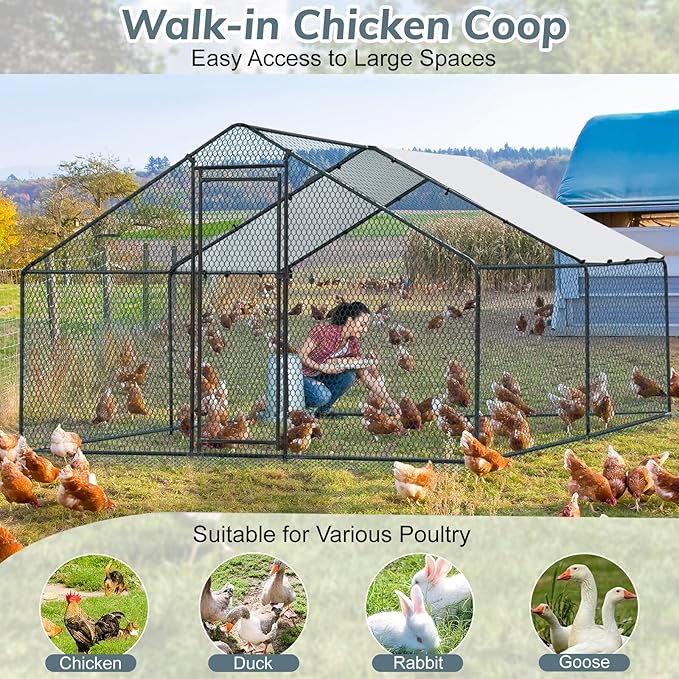 VINGLI Chicken Coop, Large Metal Poultry Cage for Chicken Run, Walk-in Chicken Pen with Waterproof & Anti-UV Cover Outdoor (Black-Spire Roof, 13.1 * 9.8 * 6.5 ft)