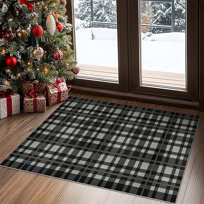 GENIMO Checkered Rug 2x3 Ft Black and White Fine Plaid Outdoor Rug Buffalo Plaid Rugs Mat Fall Doormats Washable Rug for Front Porch Decor Indoor Entrance Patio Balcony Entryway