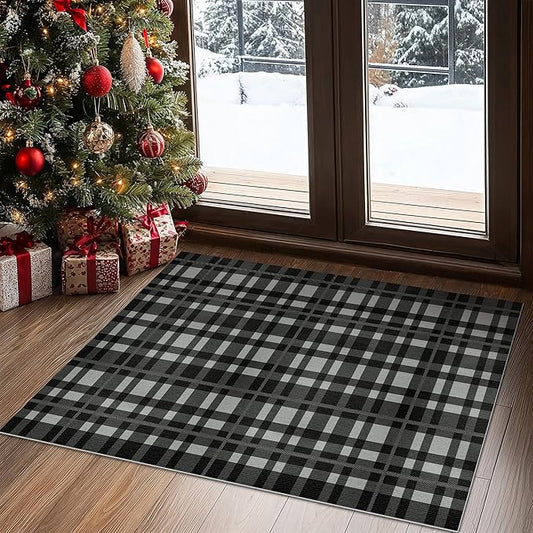GENIMO Checkered Rug 2x3 Ft Black and White Fine Plaid Outdoor Rug Buffalo Plaid Rugs Mat Fall Doormats Washable Rug for Front Porch Decor Indoor Entrance Patio Balcony Entryway