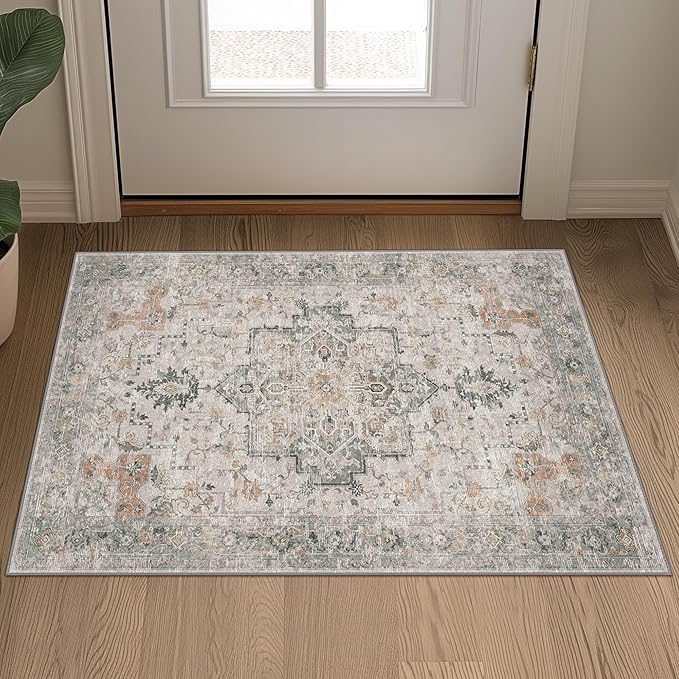 GENIMO 29"x17" Area Rugs for Living Room, Machine Washable Non Slip Vintage Rugs, Low Pile Soft Chenille Print Rug for Bedroom, Dining Room, Home Office, Light Taupe Brown