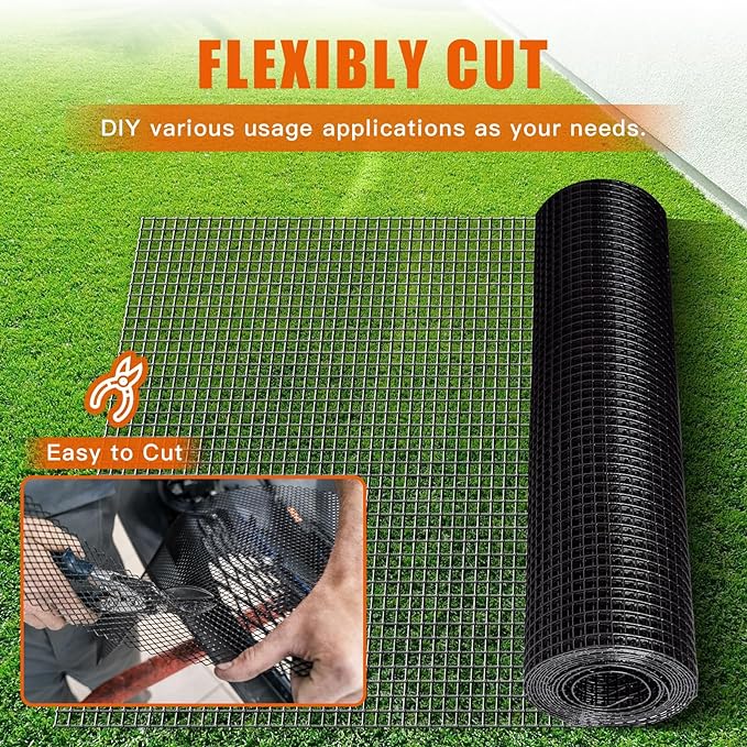24" x 100' 1/4inch Hardware Cloth, Black Vinyl Coated Chicken Wire Fence Galvanized Welded Mesh Roll for Home Garden Rabbit Cage