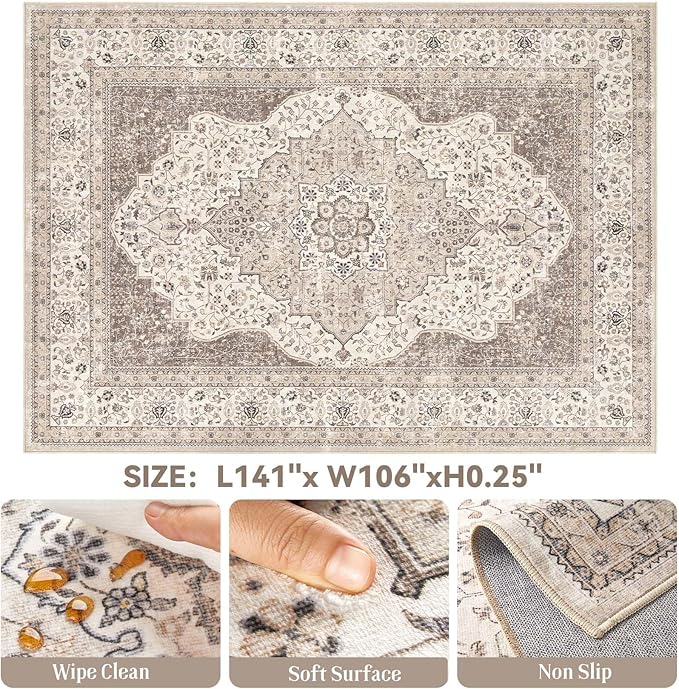 Washable Rug 9x12 Area Rugs for Living Room Bedroom Dining Room Home Office Floor Decor -Stain & Fade Resistant Non Slip Backing Carpet,Ultra-Thin Vintage Large Carpets (Brown/Beige,9'x12')