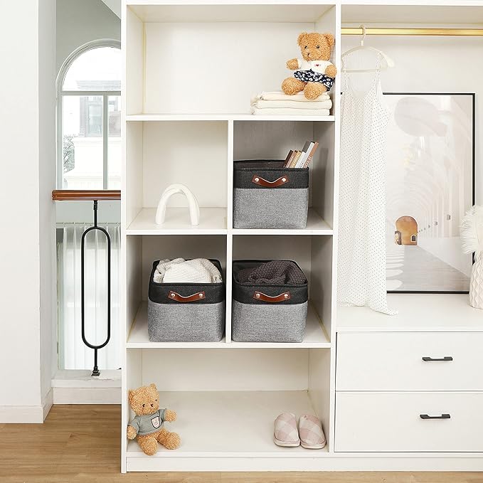 OrganiHaus Large Fabric Storage Baskets for Shelves 3 Pack, 15x11in Closet Storage Bins for Shelves, Canvas Baskets for Organizing, Linen Closet Organizers, Cloth Basket, Gray/Black