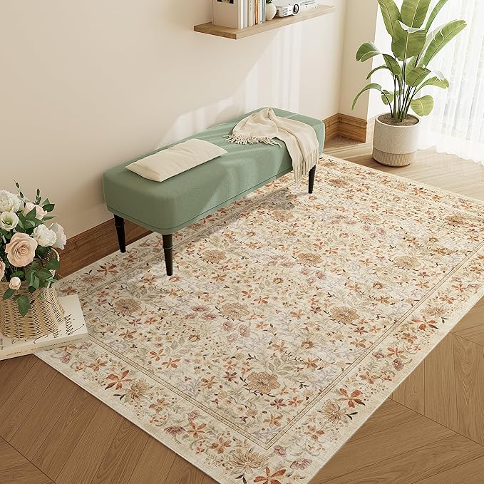 DUKINO 4x6 Rugs for Living Room, Lightweight Non Slip Washable Rug with Low Pile Design, Vintage Floral Non-Shedding Soft Carpet for Living Room, Bedroom, Farmhouse, Office, Bathroom, Beige