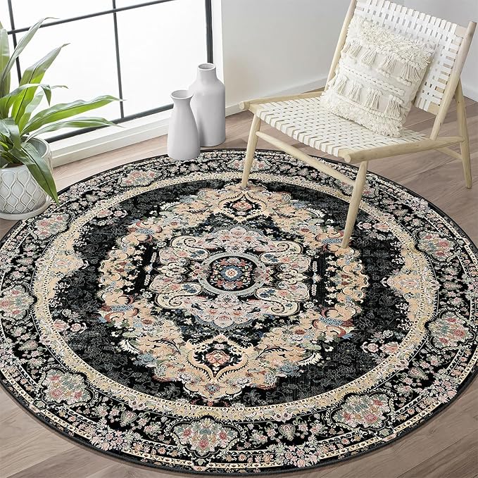 Black Round Rug 4ft,Circle Washable Area Rugs for Bedroom Bathroom Entryway,Boho Vintage Bohemian Distressed Oriental Carpet Non Slip,Floral