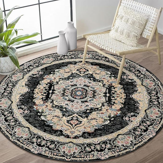 Black Round Rug 4ft,Circle Washable Area Rugs for Bedroom Bathroom Entryway,Boho Vintage Bohemian Distressed Oriental Carpet Non Slip,Floral
