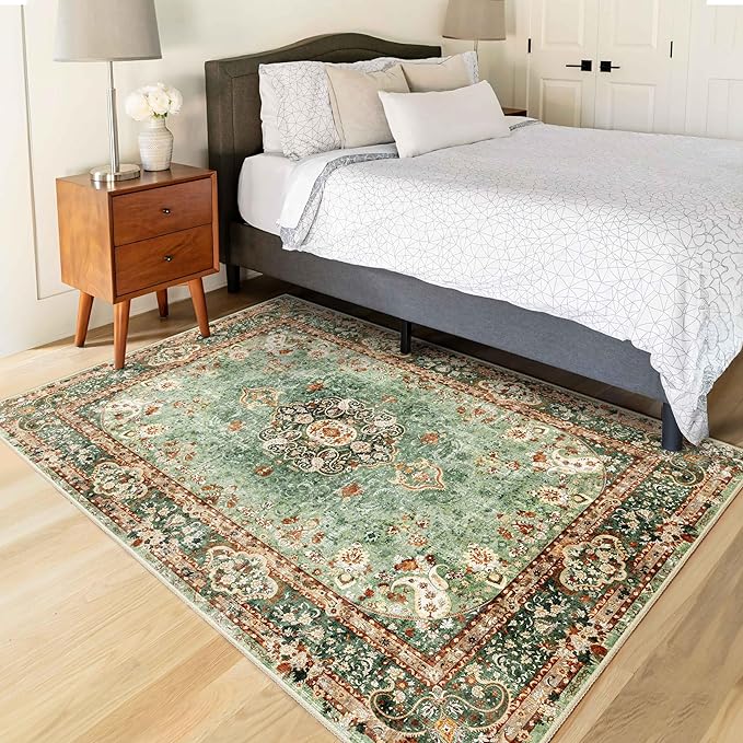 Green Rug 3x5,Washable Area Rugs for Bedroom Living Room Kitchen Entryway,Small Boho Vintage Bohemian Distressed Oriental Non Slip Carpet