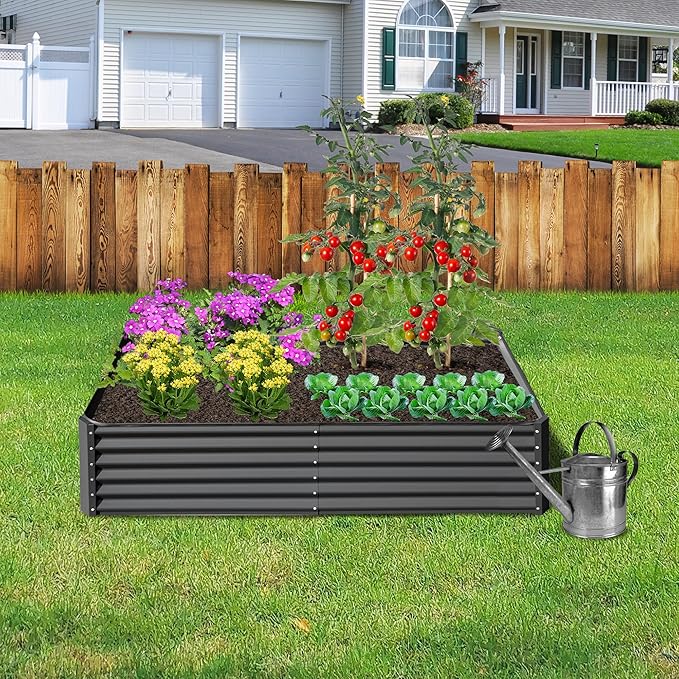 Domi 6x3x1.5ft Metal Raised Garden Beds Outdoor, Thickened Galvanized Steel Deep Root Planter Box with Stabilizing Bars & Rubber Edging for Vegetables, Flowers, Herbs - Dark Gray