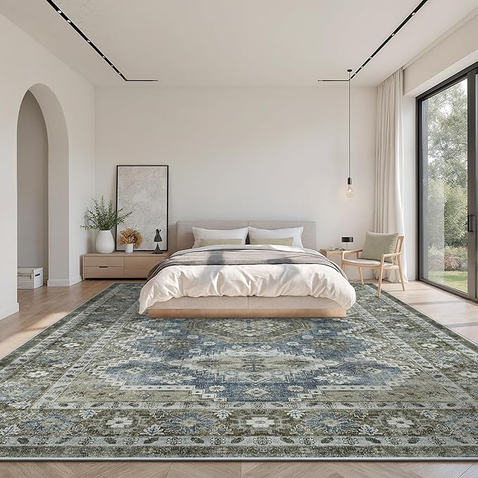 Rugland 9x12 Area Rug - Stain Resistant Washable Rug, Anti Slip Backing Rugs for Living Room, Vintage Tribal Area Rugs (TPR07-Green, 9'x12')
