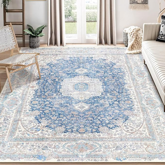 8x10 Area Rugs Washable,Blue Rug for Living Room Bedroom Dining Room,Large Boho Vintage Bohemian Distressed Carpet Non Slip,Floral