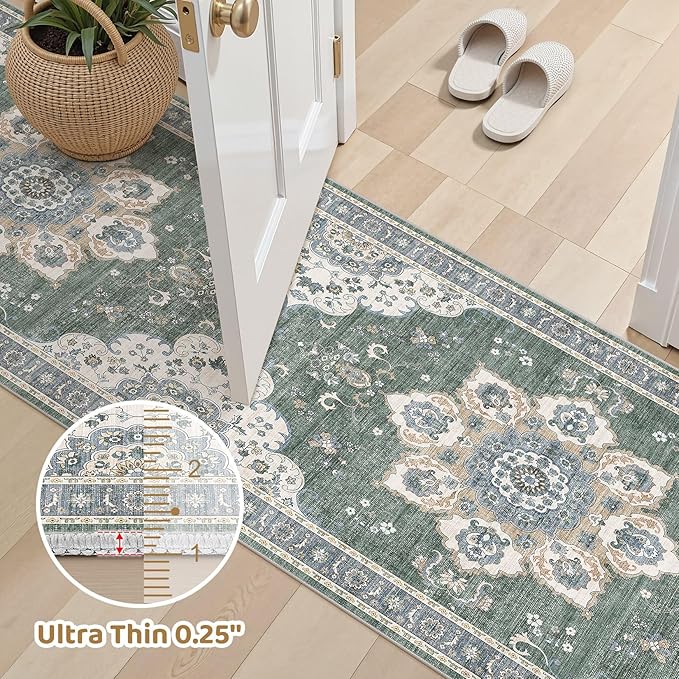 Area Rug for Living Room - 3x14 Soft Washable Oriental Vintage Floral Distressed Large Carpet - Fade Stain Resistant Non Slip Rugs for Bedroom Dining Room Nursery Dorm Office Home Decor - Green