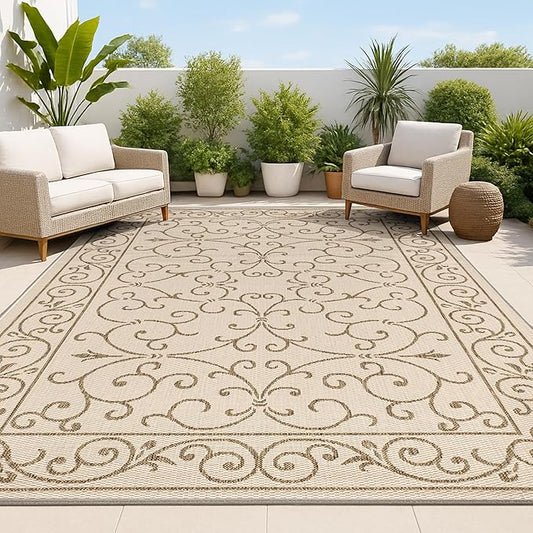 JONATHAN Y Vintage Filigree Indoor Outdoor Area Rug 3X5 Beige/Brown, Charleston Textured Weave for Backyard, Patio, Porch, Easy-Cleaning, High Traffic, Pet-Friendly, Non-Shedding (SMB106A-3)