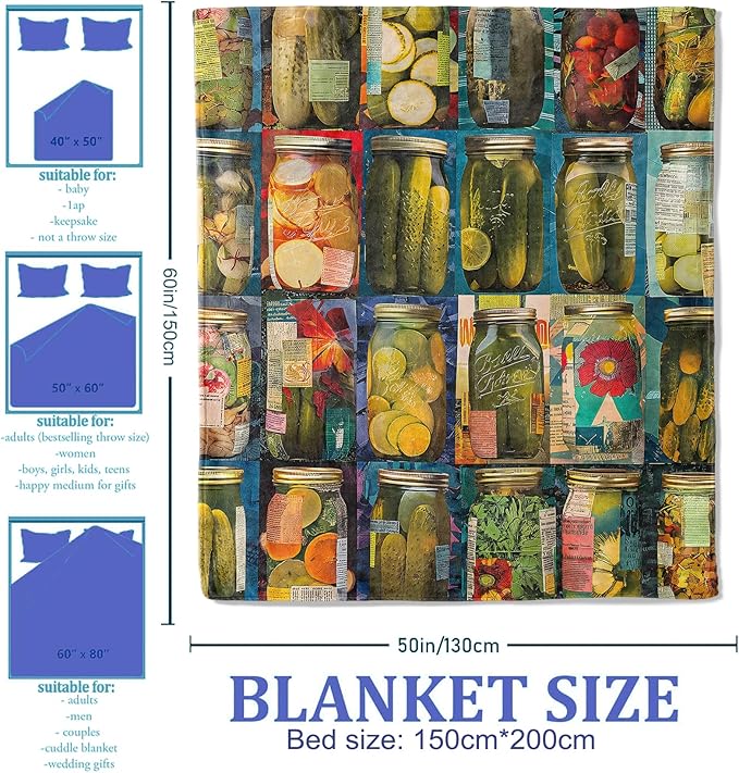 Vintage Pickle Jar Pattern Throw Blanket 40"x50", Rustic Decor Blankets for Living Room, Cozy Flannel Polyester Pickle Gifts for Pickle Lovers Women
