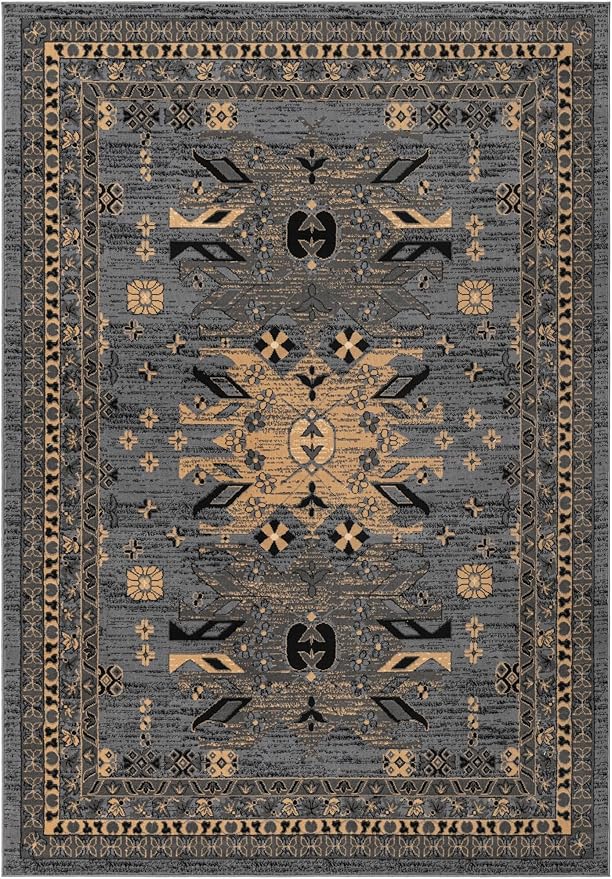 Unique Loom Taftan Collection Border Geometric Tribal Inspired Design Area Rug (7' 0 x 10' 0 Rectangular, Gray/ Black)