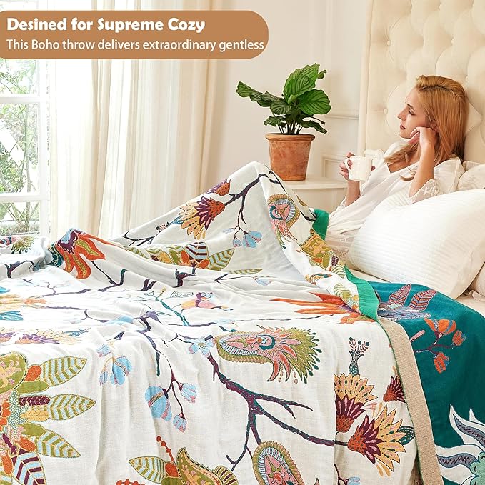Boho Throw Blanket, 100% Organic Cotton Breathable Skin-Friendly Ultra Soft Bed Quilt Throw - All Season Floral Bird Farmhouse Décor Luxury Blanket for Sofa Couch Chair and Gift. 60" x 80"