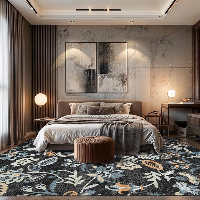 Rugshop Vine Floral Area Rug Modern for Living Room, Bedroom, or Entryway Black Multi 7' 10" x 10' Black