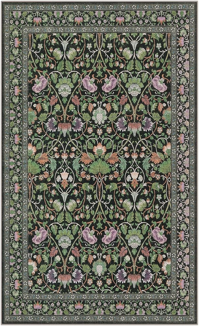 3x5 Area Rug Living Room Rugs - Washable Boho Vintage Floral Large Soft Non Slip Thin Rug Low Pile Carpet for Bedroom Dining Room Kids Playroom Office Decor Indoor- Green Dark
