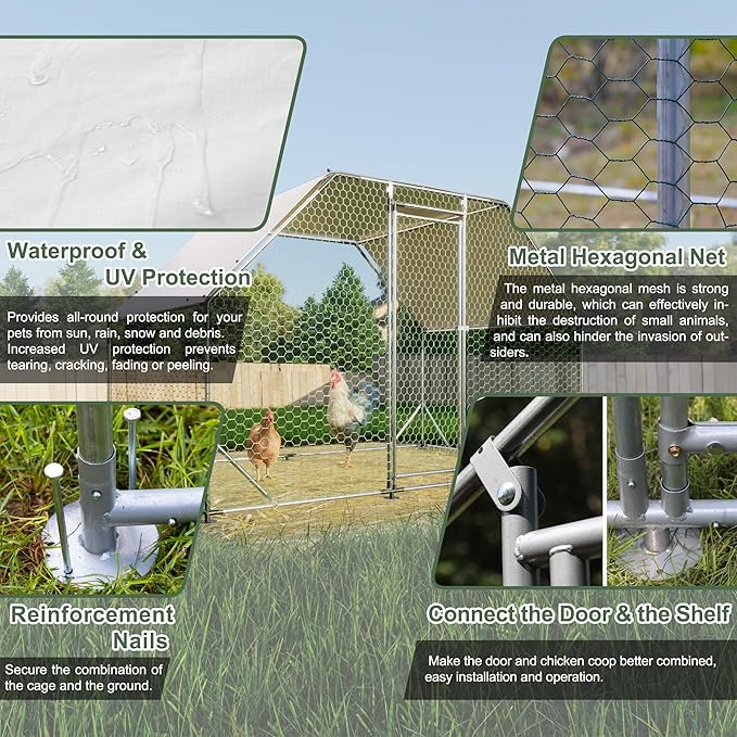 Chicken Coop Large Metal Chicken Coop Walk-In Poultry Cage Chicken Run for 6-10 Chickens,Durable Chicken House/cage with Waterproof and Anti-UV Cover,Suit for Your Backyard(9.8'Lx6.5'Wx6.8'H)