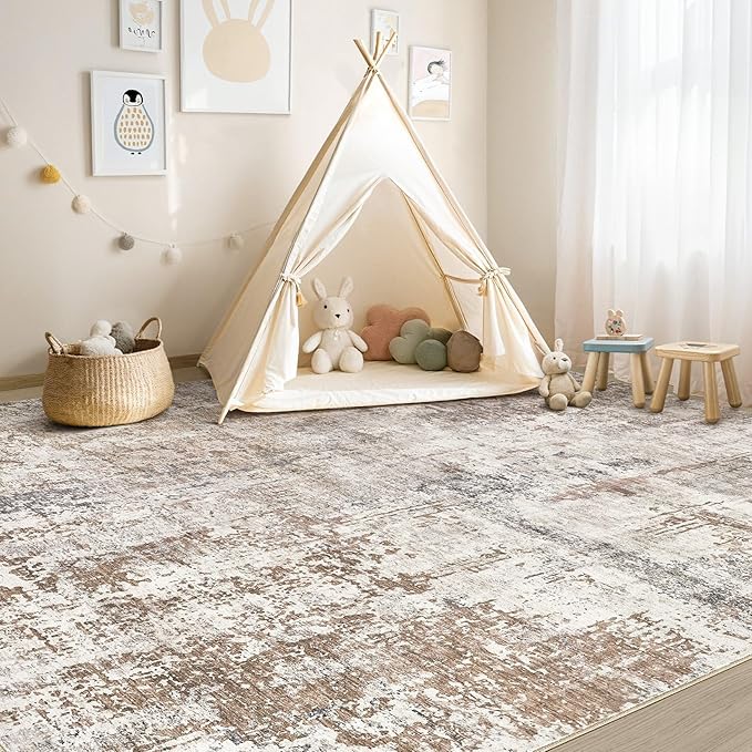 Area Rug Living Room Rugs - Washable Neutral Modern Abstract Soft Thin Rug Indoor Floor No Slip Rug Carpet for Bedroom Under Dining Table Home Office Decor - Brown/Grey/Red - 8x10