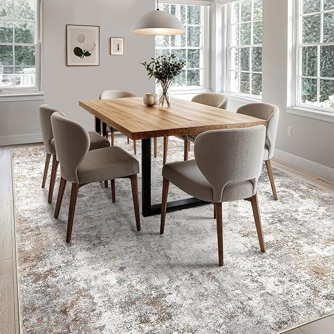 9x12 Area Rug Living Room Rugs - Washable Neutral Modern Abstract Soft Thin Large Rug Indoor Floor No Slip Rug Carpet for Bedroom Under Dining Table Home Office Decor - Brown Grey