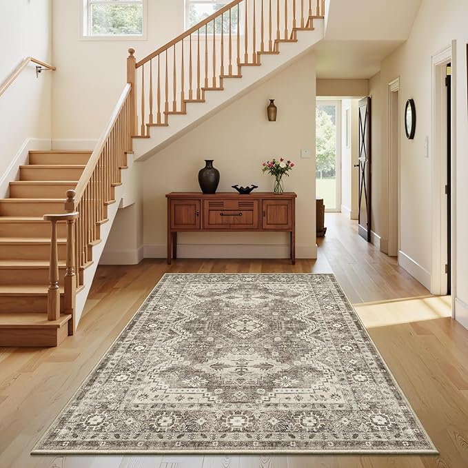 Rugland 3x5 Rug - Stain Resistant Washable Rug, Anti Slip Backing Rugs for Living Room, Vintage Tribal Area Rugs (TPR07-Ivory, 3'x5')