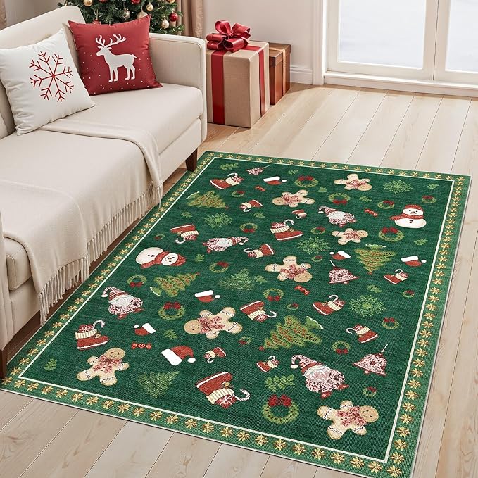 Washable Christmas Area Rug: 3x5 Neutral Modern Festive Carpet - Non-Slip Soft Thin Low Pile Throw Indoor Rugs for Bedroom Kitchen Entrance Living Room - Christmas Green