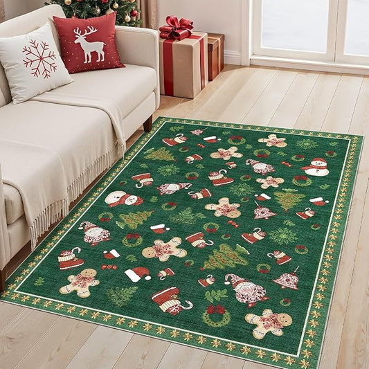 Washable Christmas Area Rug: 3x5 Neutral Modern Festive Carpet - Non-Slip Soft Thin Low Pile Throw Indoor Rugs for Bedroom Kitchen Entrance Living Room - Christmas Green