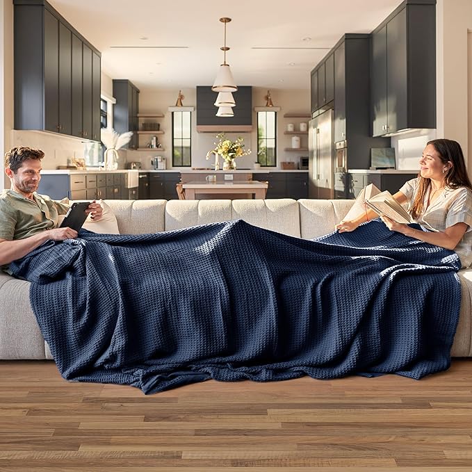 Bedsure Gentlesoft 100% Cotton Blanket Queen Size for Bed - Breathable and Soft, Thick Cozy Waffle Weave Christmas Blanket Gift for Women, Pageant Blue, 90x90 Inches