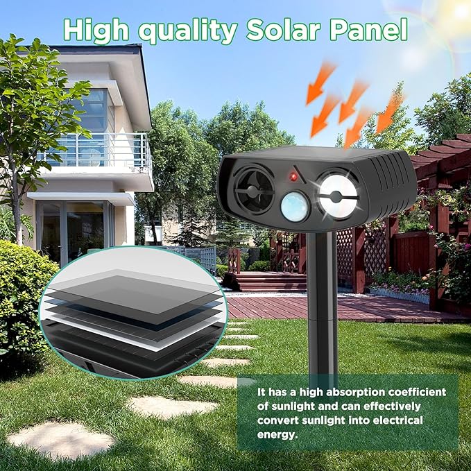 Solar Powered Animal Repeller, Ultrasonic Pest Deterrent with LED Strobe Light, Green, Motion Sensor, 14.8 Inch Stake, for Yard Garden 2 Packs