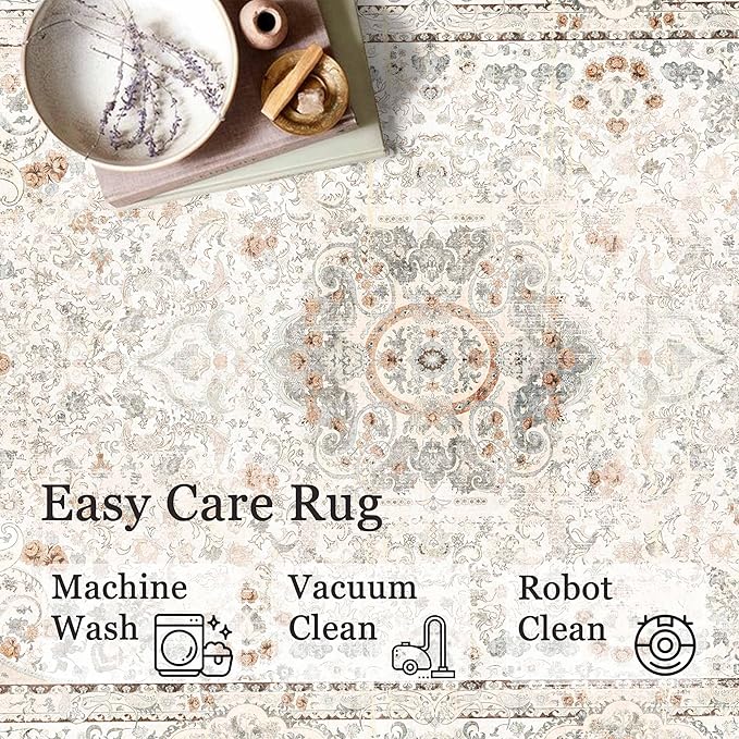 Round Rug 9ft,Large Boho Circle Area Rugs for Bedroom Living Room,Beige Washable Vintage Bohemian Distressed Oriental Floral Carpet Non Slip