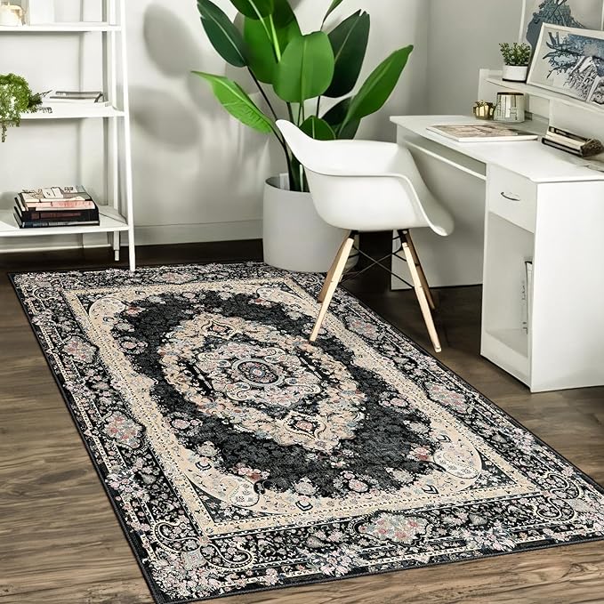 Black Rug 3x5,Washable Area Rugs for Bedroom Living Room Kitchen Entryway,Small Boho Vintage Bohemian Distressed Non Slip Carpet,Floral