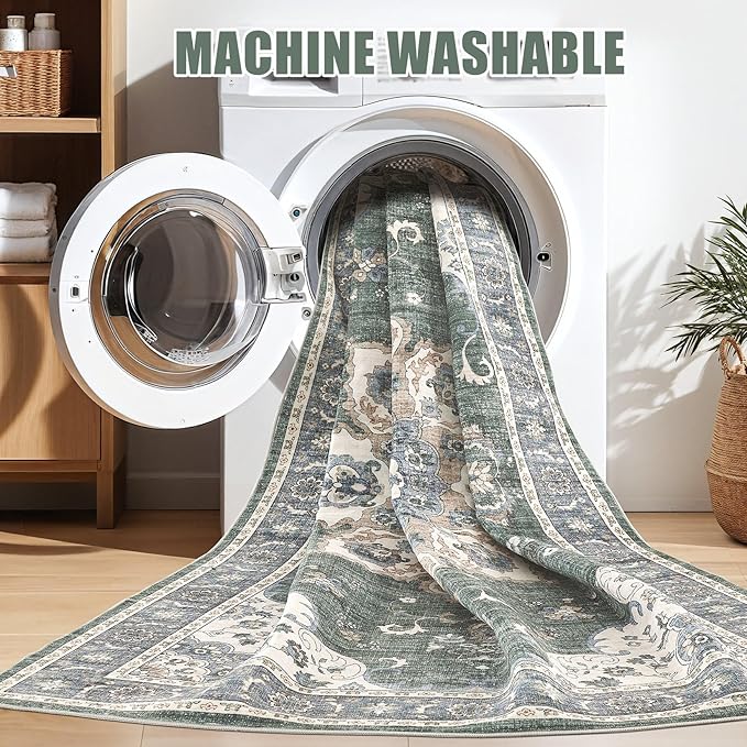 Area Rug for Living Room - 6x9 Soft Washable Oriental Vintage Floral Distressed Large Carpet - Fade Stain Resistant Non Slip Rugs for Bedroom Dining Room Nursery Dorm Office Home Decor - Green