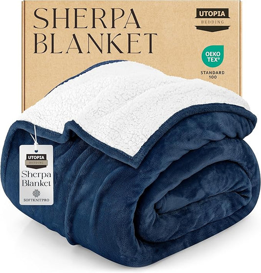 Utopia Bedding Sherpa Blanket King Size (Navy, 90x102 Inches) - Soft Lightweight Plush Fleece Reversible Blanket for Bed, Sofa, Couch, Camping and Travel