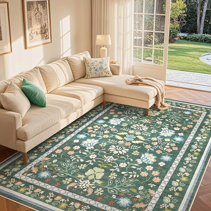 8x10 Area Rug Living Room Rugs - Washable Boho Vintage Floral Large Soft Non Slip Thin Rug Low Pile Carpet for Bedroom Dining Room Kids Playroom Office Decor Indoor- Green