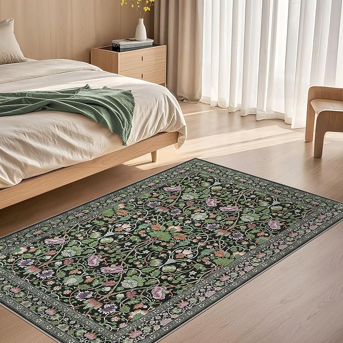 3x5 Area Rug Living Room Rugs - Washable Boho Vintage Floral Large Soft Non Slip Thin Rug Low Pile Carpet for Bedroom Dining Room Kids Playroom Office Decor Indoor- Green Dark