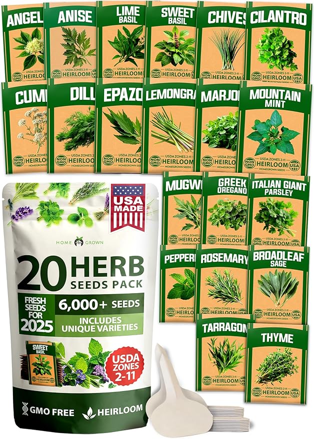 HOME GROWN Premium HERB Seeds Variety Pack - 20 Heirloom Herb Seeds for Planting - 6,000+ Non-GMO Seeds with Plant Markers - Indoor Outdoor Hydroponic Herb Garden - Culinary & Medicinal Herbs