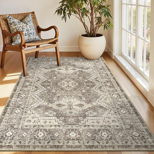 Rugland 3x5 Rug - Stain Resistant Washable Rug, Anti Slip Backing Rugs for Living Room, Vintage Tribal Area Rugs (TPR07-Ivory, 3'x5')