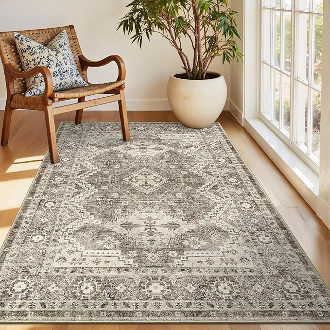 Rugland 4x6 Rug - Stain Resistant Washable Rug, Anti Slip Backing Rugs for Living Room, Vintage Tribal Area Rugs (TPR07-Ivory, 4'x6')