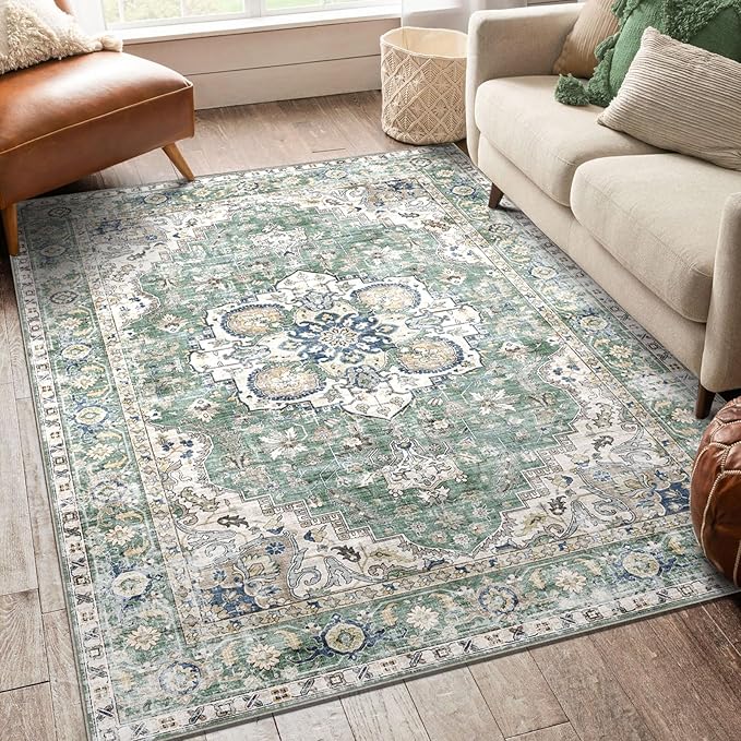Washable Area Rug 4x6 - Boho Living Room Rug Non Slip Soft Bedroom Rug Ultra-Thin Sage Green Vintage Medallion Oriental Dining Room Rugs for Under Table Indoor Carpet for Living Room Kitchen