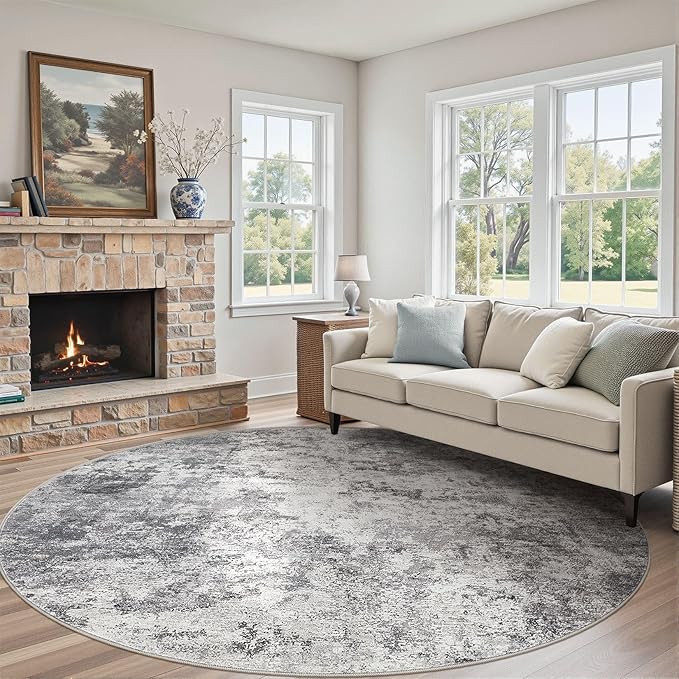 10ft Round Area Rug Living Room Rugs - 10x10 Washable Large Neutral Modern Abstract Soft Thin Rug Indoor Floor No Slip Rug Carpet for Bedroom Under Dining Table Home Office Decor - Grey